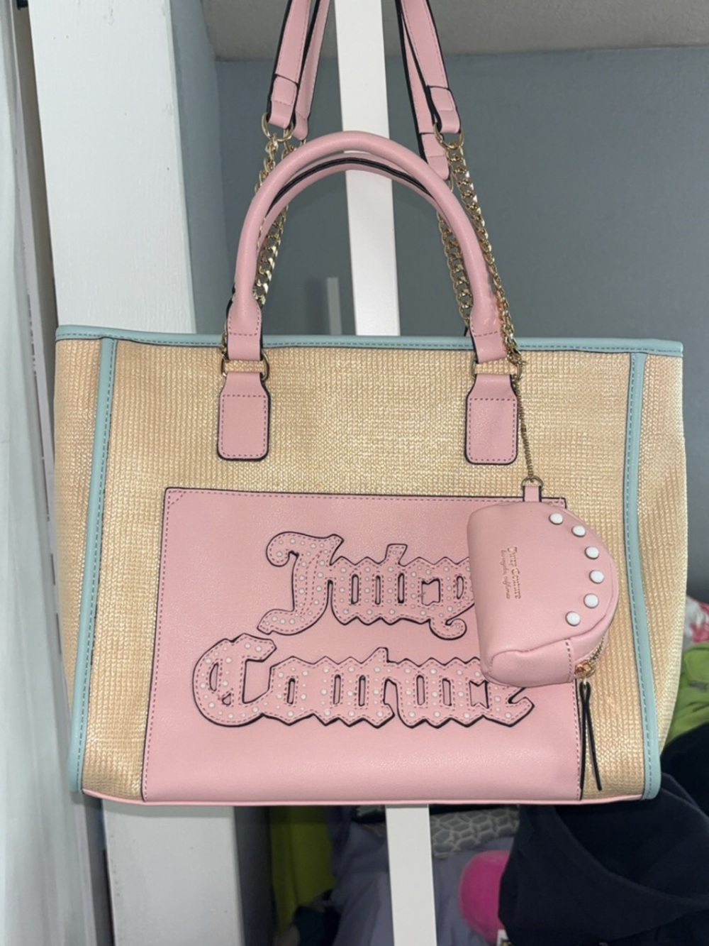 Juicy Couture Pink & Light Blue Straw Tote with Logo Panel